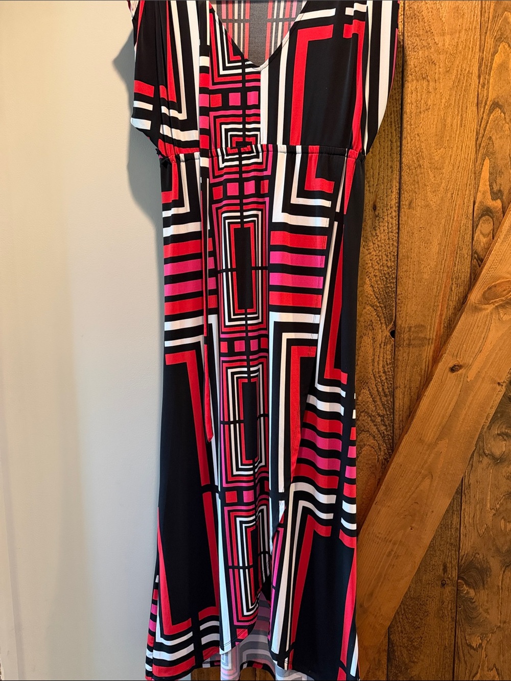 Worthington Geometric V‑Neck Maxi Dress in Black, Pink and White